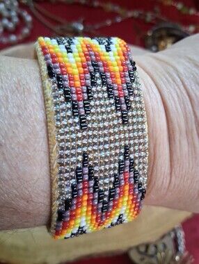 Native American Handmade Wide Seed Bead Cuff Bracelet in Sunset Earthy Colors